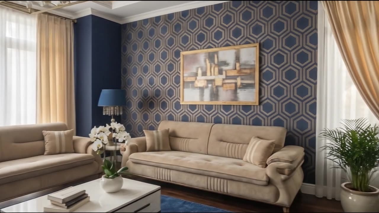 ست مبل آرام با رویه مخمل شنی و پشتی تخت‌دوزی‌شده در نشیمنی با دیوار شش‌ضلعی سرمه‌ای